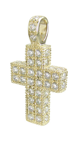 Sylvana Cross Pendant with pave set round lab grown diamond look cubic zirconia in 14k yellow gold.