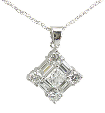 Princess cut, round and baguette lab grown diamond look cubic zirconia pendant in 14k white gold.