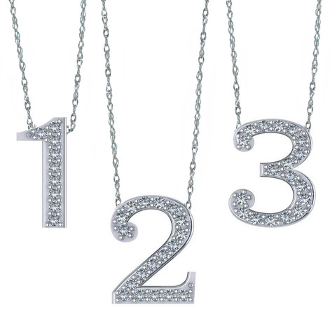 Floating number numerical lab grown diamond alternative cubic zirconia pave charm necklaces in 14k white gold.