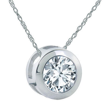 Zeta Round lab grown diamond simulant cubic zirconia bezel set pendant in 14k white gold.