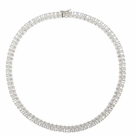 Parisian 1 Carat Each Emerald Radiant Cut Tennis Necklace with lab grown diamond simulant cubic zirconia in 14k white gold.