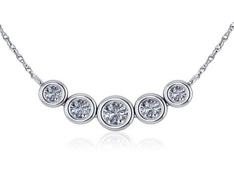 Graduated Round Five Stone Bezel Set Curved Trapeze Necklace with lab grown diamond quality cubic zirconia in 14k white gold.