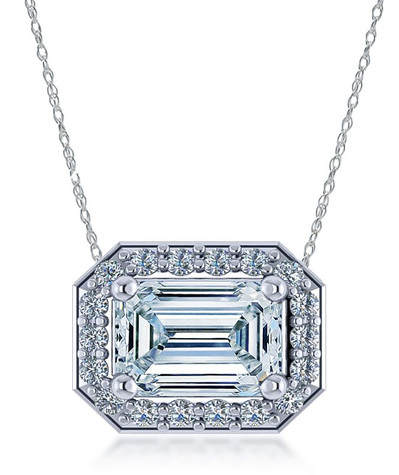 Emerald Cut 1 Carat Horizontal Pave Halo Pendant Necklace with simulated laboratory grown diamond alternative cubic zirconia in 14k white gold.