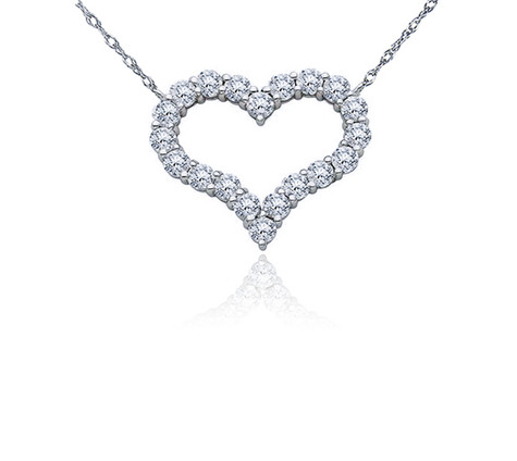 Mini Open Heart Round Shared Prong Necklace with lab grown diamond simulant cubic zirconia in 14k white gold.