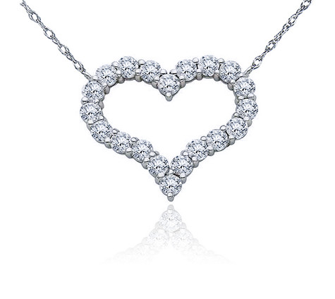 Medium Open Heart Round Shared Prong Necklace with lab grown diamond look cubic zirconia in 14k white gold.