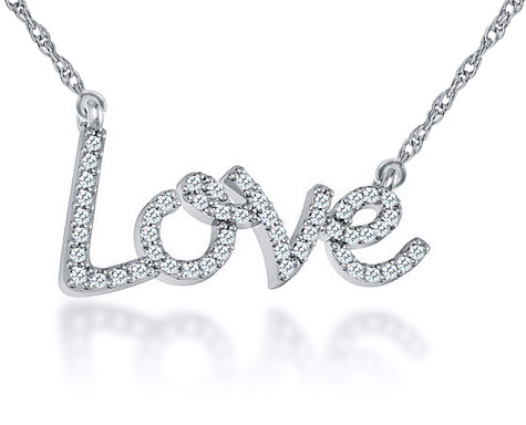 Petite Love Pendant Pave Set Necklace with lab grown diamond look cubic zirconia in 14k white gold.