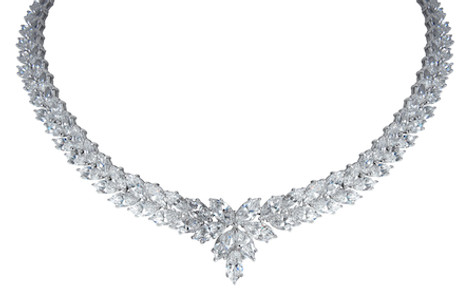 Harlequine Marquise Cluster Estate Style Necklace with lab grown diamond simulant cubic zirconia in 14k white gold.