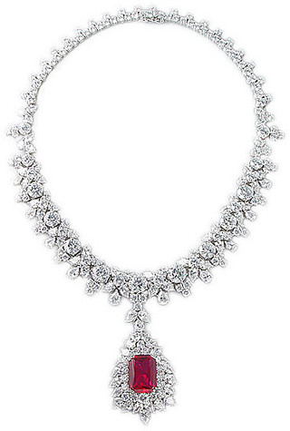 Tikrana Ruby Emerald Cut Halo Drop Statement Necklace with lab grown diamond look cubic zirconia 14k white gold.
