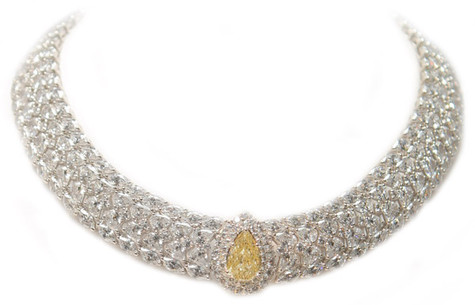 Cleo 6 Carat Canary Pear Center Cluster Statement Necklace with lab grown diamond look cubic zirconia in 14k yellow gold.