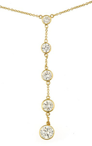 Charleston Bezel Set Round Drop Necklace with lab grown diamond quality cubic zirconia in 14k yellow gold.