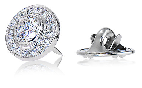 Baldwin Men's .75 Carat Round Bezel Halo Lapel Pin with lab grown diamond alternative cubic zirconia in 14k white gold.