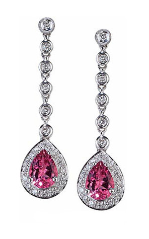 Pear 4 carat halo pave set lab grown diamond look cubic zirconia bezel set round drop earrings in 14k white gold.