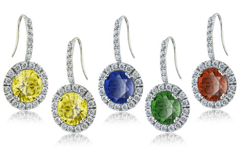 Round laboratory grown diamond simulant cubic zirconia 4 carat each halo shepherd hook drop earrings in 14k white gold and 14k yellow gold.