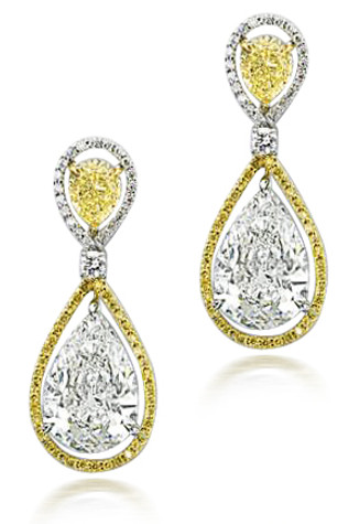 Pear 9 carat pave halo drop earrings with laboratory grown diamond simulant cubic zirconia in 14k two tone gold.