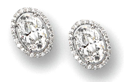 Ovanti 5.5 carat oval lab grown diamond simulant cubic zirconia pave halo stud earrings in 14k white gold.