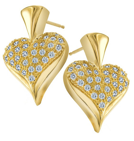 Queen of Hearts puffed pave set lab grown diamond simulant cubic zirconia earrings in 14k yellow gold.