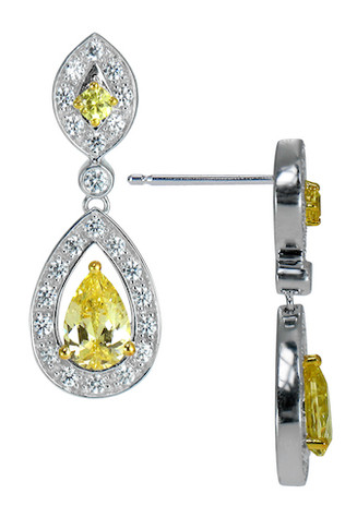 Rochelle laboratory grown diamond alternative cubic zirconia pear halo pave set round drop earrings in 14k white gold.