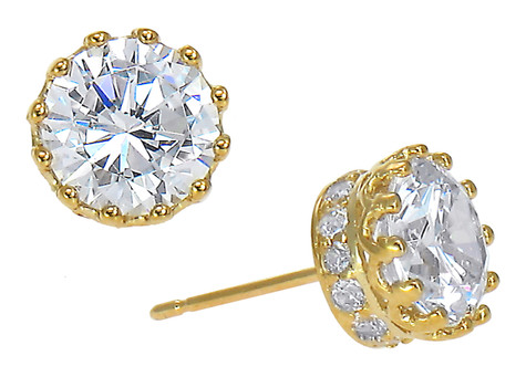 Crown 1.5 carat round lab grown diamond alternative cubic zirconia pave earring studs in 14k yellow gold.