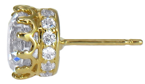 Crown 1.5 carat round simulated laboratory grown diamond quality cubic zirconia pave earring studs in 14k yellow gold.