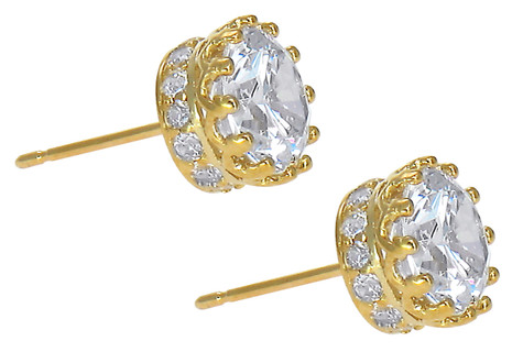 Crown 1.5 carat round laboratory grown diamond quality cubic zirconia pave earring studs in 14k yellow gold.