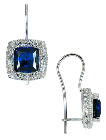 Krizzia 1 carat cushion cut man made sapphire cubic zirconia halo pave drop earrings in 14k white gold.
