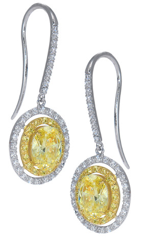 Canary yellow 1.5 carat oval diamond look cubic zirconia double halo pave drop earrings in 14k white gold.