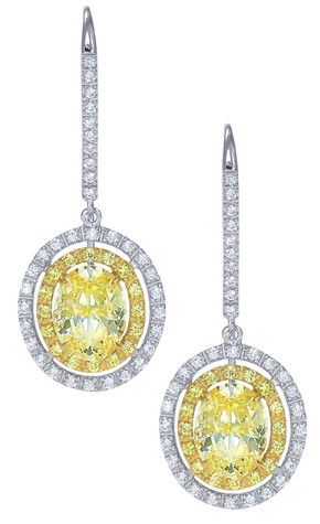 Canary yellow 1.5 carat oval la grown diamond alternative cubic zirconia double halo pave drop earrings in 14k white gold.