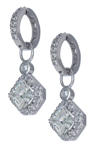 Ossanna 1 carat asscher cut lab grown diamond look cubic zirconia halo drop earrings in 14k white gold.