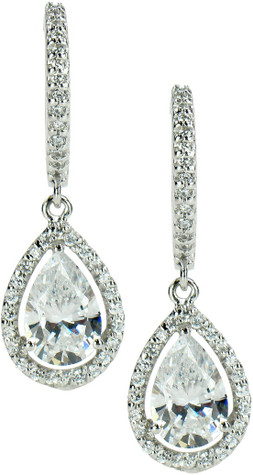 LaRue halo lab grown diamond alternative cubic zirconia micro pave 1.5 carat pear drop earrings in 14k white gold.