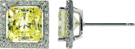 1.5 carat each LaRue princess cut canary laboratory grown diamond simulant cubic zirconia halo stud earrings in 14k white gold.