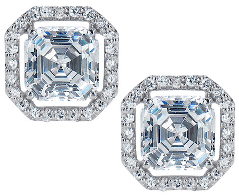4 carat each LaRue asscher inspired lab grown diamond look cubic zirconia halo stud earrings in 14k white gold.