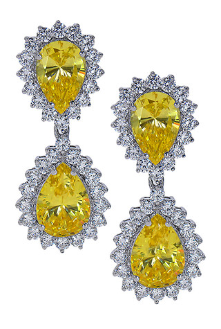 Pear cluster halo canary lab grown diamond look cubic zirconia drop earrings in 14k white gold and 14k yellow gold.