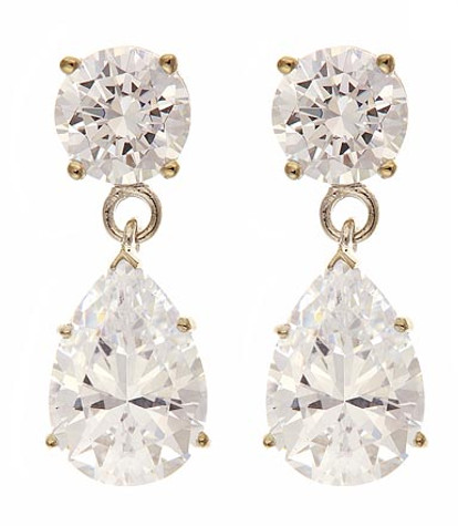 Oprah drop earrings .75 carat round top and 2 carat pear shape lab grown diamond look cubic zirconia drop set in 14k white gold and 14k yellow gold.