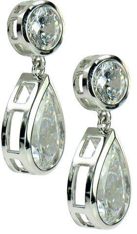 Giorgio bezel set pear and round lab grown diamond look cubic zirconia dangle drop earrings in 14k white gold.