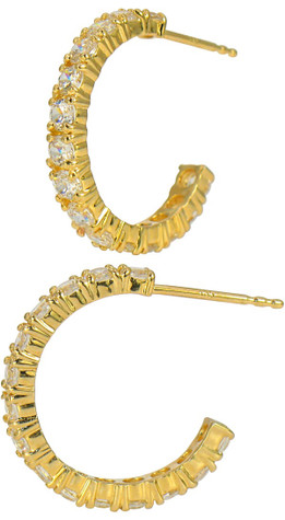 Jolie prong set lab grown diamond look cubic zirconia round hoop earrings in 14k yellow gold.
