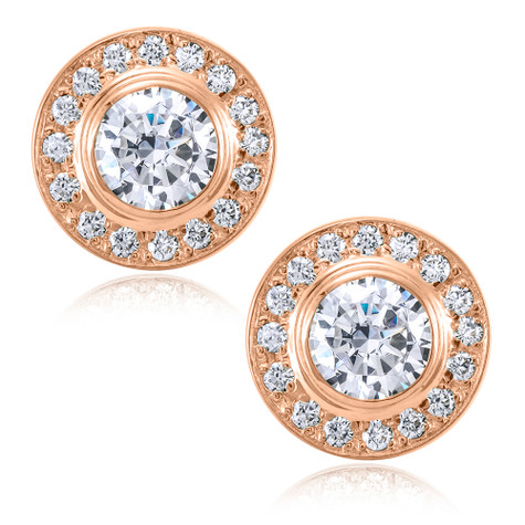 Round .75 carat each center laboratory created diamond alternative cubic zirconia bezel set pave halo earrings in 14k rose gold.