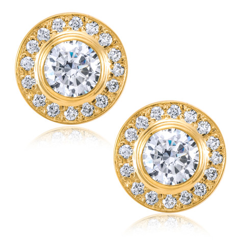 Round .75 carat each center lab created diamond look cubic zirconia bezel set pave halo earrings in 14k yellow gold.