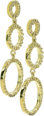 Harmony triple pave set round lab grown diamond look cubic zirconia circle drop earrings in 14k yellow gold.