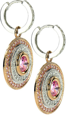 Cleopatra pink laboratory grown diamond look cubic zirconia 1 carat round rose gold double halo drop earrings in 14k gold.