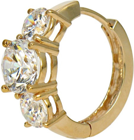 Nantucket three stone anniversary lab grown diamond simulant cubic zirconia hoop earrings in 14k yellow gold.
