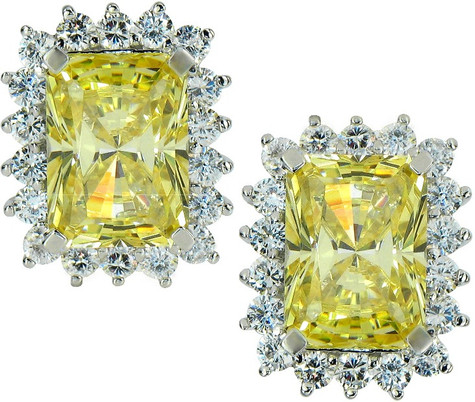 Luxora 4 carat laboratory grown diamond simulant cubic zirconia emerald radiant cut cluster earrings in 14k white gold.