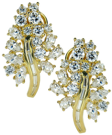 Floria marquise pear baguette round lab grown diamond look cubic zirconia floral cluster earrings in 14k yellow gold.