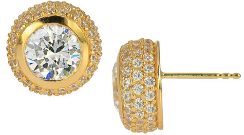 Venetia .50 carat each lab grown diamond simulant cubic zirconia bezel set round pave stud earrings in 14k yellow gold.