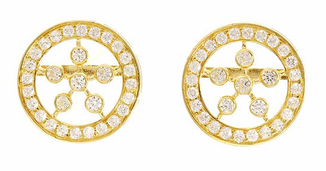 Bugatti lab created cubic zirconia pave set round button style earrings in 14k yellow gold.