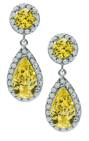 Dutchess 1.5 carat pear canary pave laboratory grown diamond alternative cubic zirconia halo drop earrings in 14k white gold.
