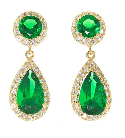 Dutchess 1.5 carat pear man made emerald pave lab grown diamond look cubic zirconia halo drop earrings in 14k yellow gold.