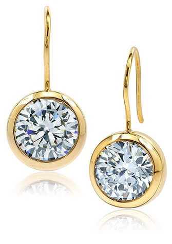 Manhattan drops 1.5 carat each round lab grown diamond look cubic zirconia bezel set shepherd hook earrings in 14k yellow gold.