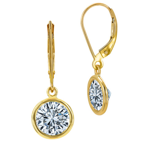 Uno leverback bezel set lab grown cubic zirconia 1.5 carat round earring drops in 14k yellow gold.