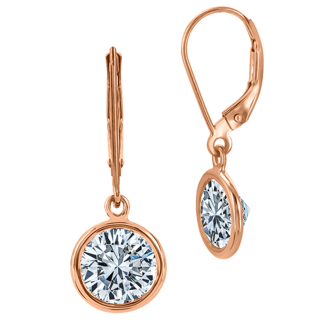 Uno leverback bezel set laboratory created cubic zirconia 1.5 carat round earring drops in 14k rose gold.
