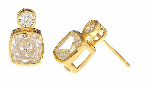 Symba 1 carat each lab created diamond alternative cubic zirconia cushion cut and round bezel stud earrings in 14k yellow gold.